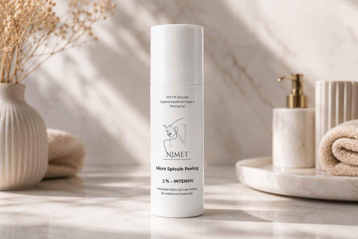 Micro Spicule Peeling INTENSIV 2 % von Nimet, weiße Flasche auf Marmor